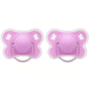 A pair of pink silicone baby pacifiers with a flower design and protective cover.