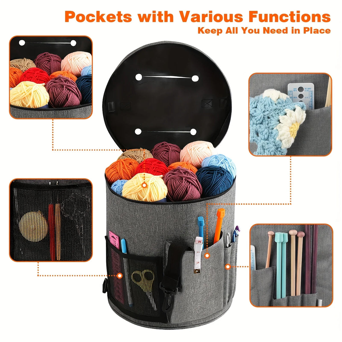 Spacious Crochet Tote Bag with Yarn Storage and Pockets