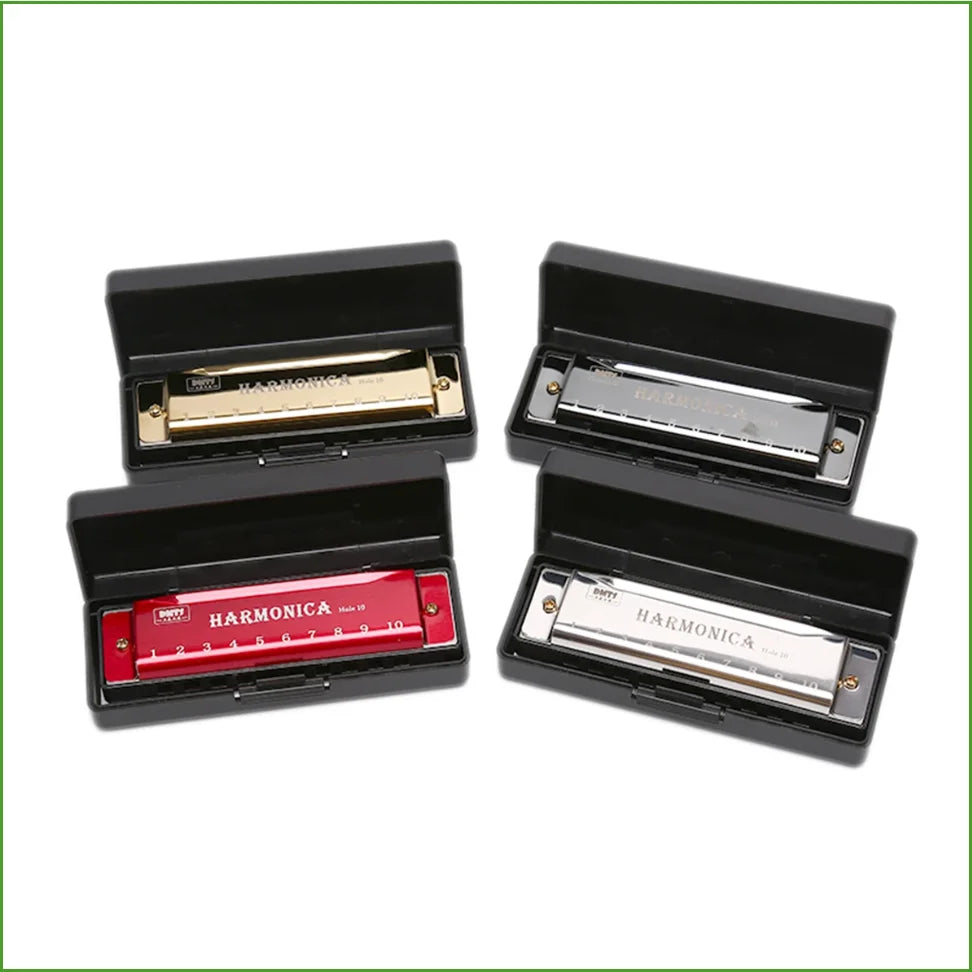 A black protective case for a harmonica, showing two open compartments with the harmonica inside.