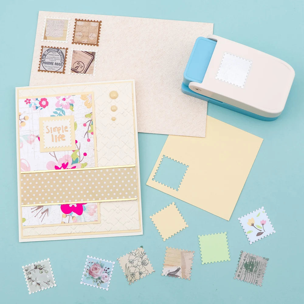 A collection of square postage stamp paper and punch cards in various pastel colors and patterns for crafting.