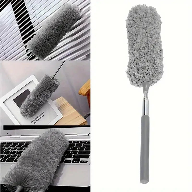 Un chiffon microfibre gris extensible avec une tête pliable, montré dans diverses utilisations.