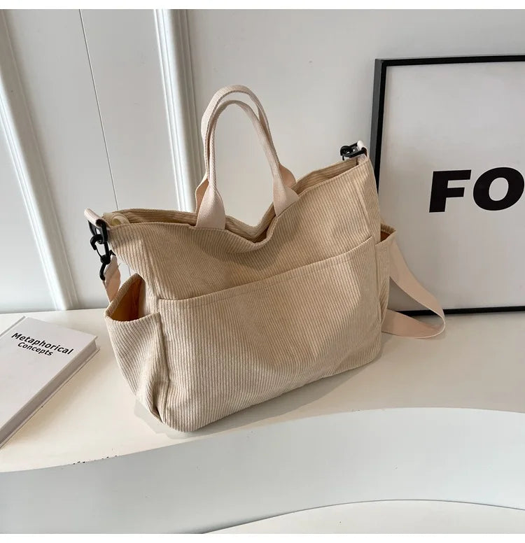 Multi-Pocket Corduroy Tote Bag – Large Capacity Casual Satchel for Travel, Work & Commute