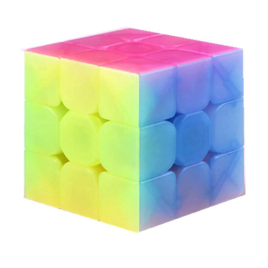 A translucent magnetic puzzle cube displaying a gradient of pink, purple, and blue colors.