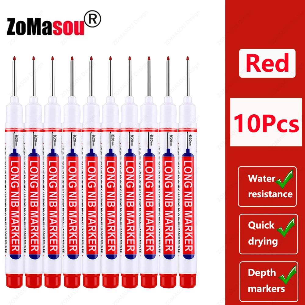 A set of red long nib marker depth markers for woodworking and construction