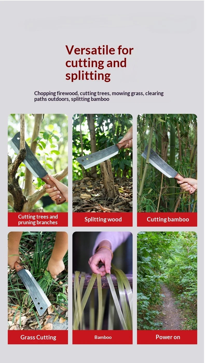 A collection of heavy-duty forged wood splitting axes and blades used for cutting trees, bamboo, grass, and firewood.