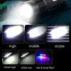 Image showing a rechargeable LED flashlight with various modes including high, middle, strobe, white high, white low, and red
