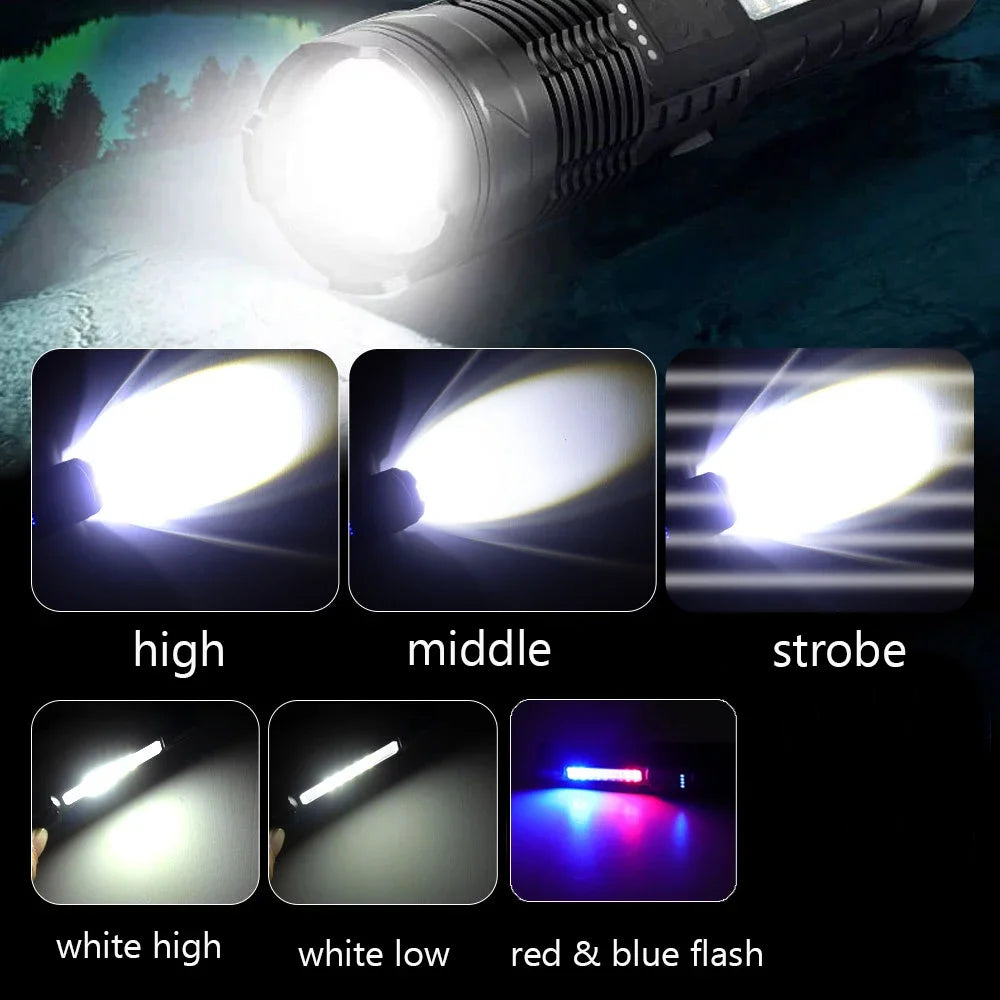 Image showing a rechargeable LED flashlight with various modes including high, middle, strobe, white high, white low, and red