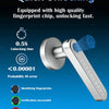 Close-up of a silver fingerprint chip door handle lock mechanism demonstrating quick unlocking and verification process.