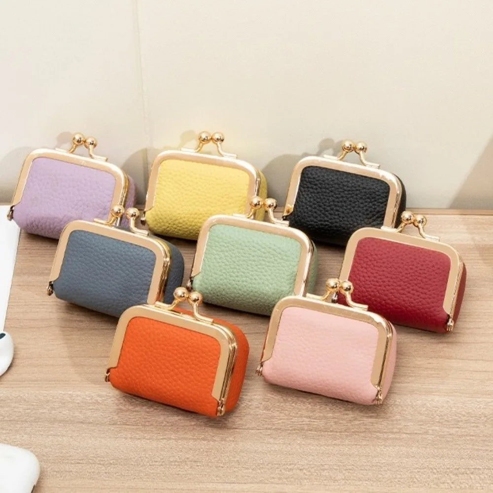 Genuine Leather Kiss Lock Coin Purse with Key Ring