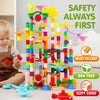 A colorful marble run building set with a motorized elevator and various components for children's STEM play.