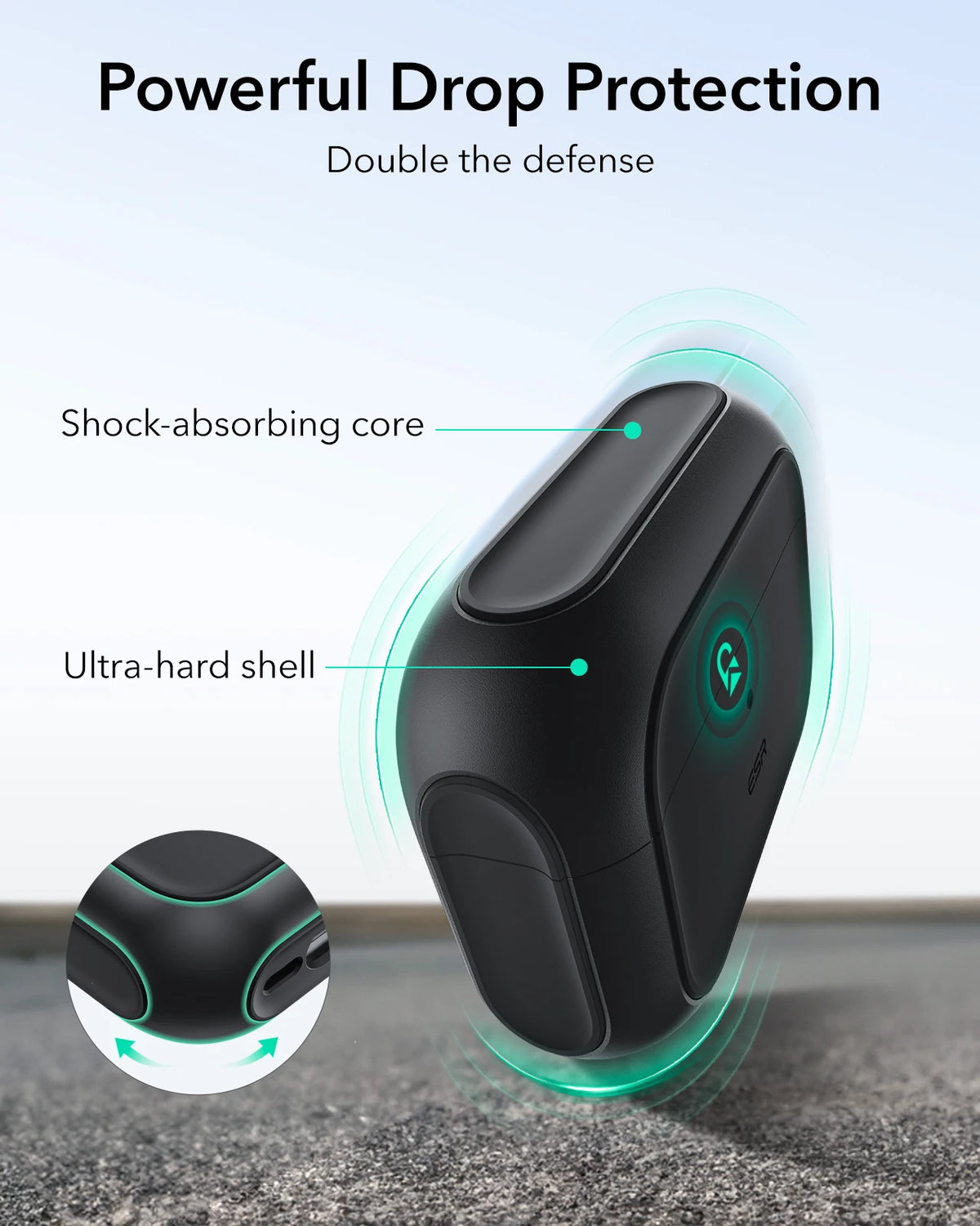 A black AirPods Pro 3 case demonstrating powerful drop protection with a shock-absorbing core and ultra-hard shell.