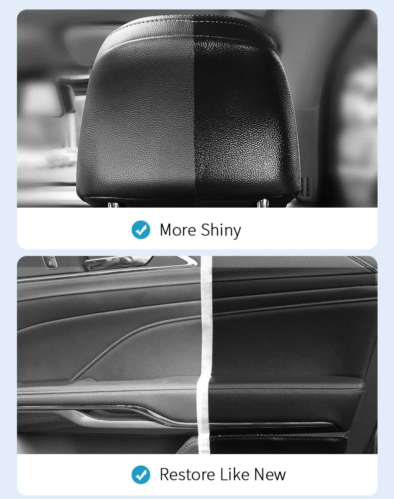 Before and after comparison showing a car plastic and leather restorer restoring shine and appearance.