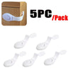 Five white child safety cabinet locks packaged in a pack