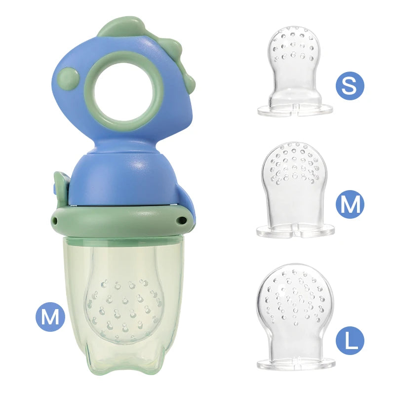 A rotating silicone baby fruit feeder in various sizes S, M, and L with a dinosaur design.
