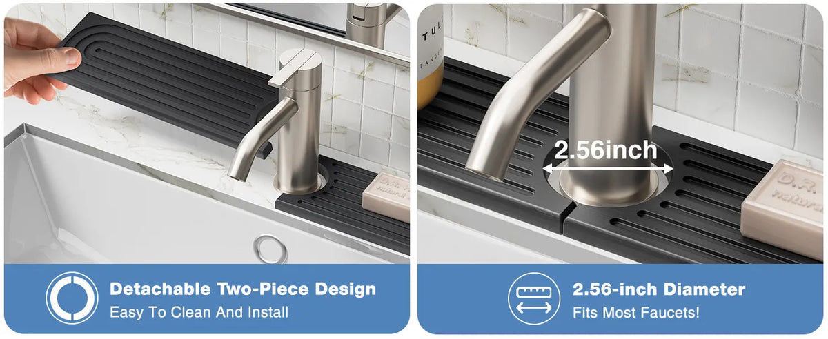 Close-up of a detachable two-piece faucet mat with a 2.56-inch diameter designed for easy cleaning and installation.