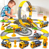 A set of yellow and gray interactive climbing track cars and a DIY track system for children.