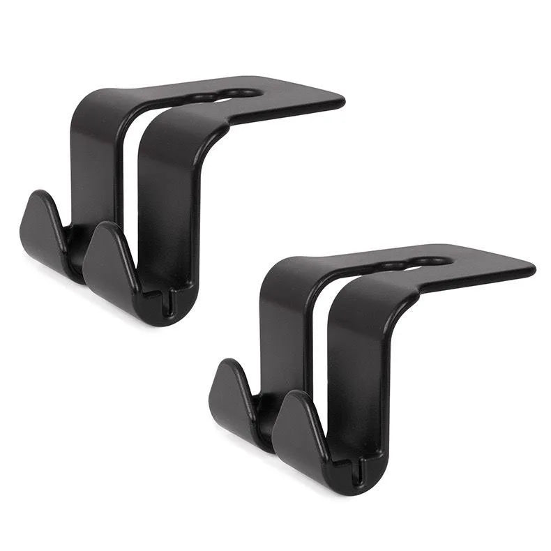 A set of two black universal car headrest hooks designed for hanging handbags and coats.