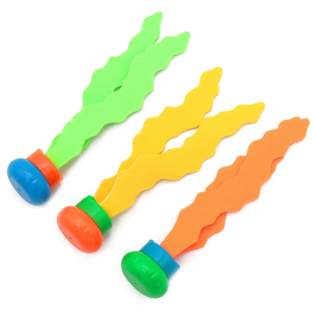 A set of three brightly colored pool dive and grab water sports toys for children.