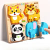 A wooden jigsaw puzzle featuring three animal figures: a fox, a tiger, and a panda.