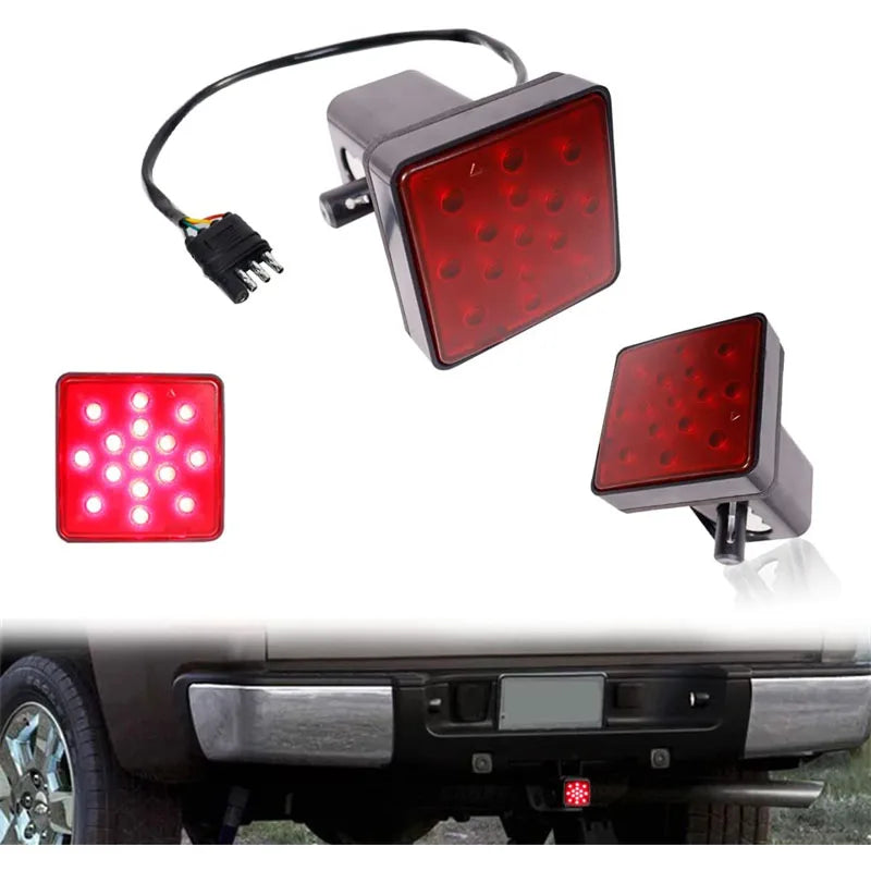 A universal 12V LED trailer tail light with brake and running functions shown mounted on a vehicle bumper.