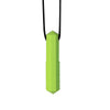 A lime green silicone sensory chew necklace pendant with a black cord.