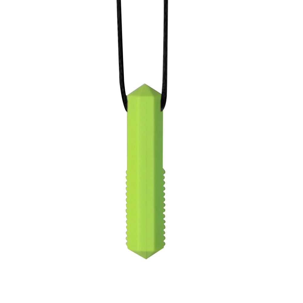 A lime green silicone sensory chew necklace pendant with a black cord.