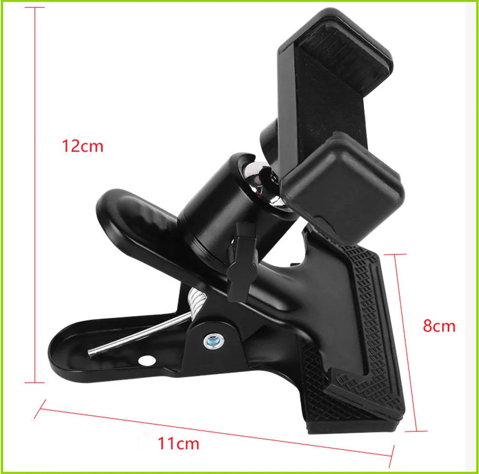 Black adjustable guitar phone mount designed for hands-free viewing with a clamp mechanism.
