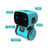 A teal robot toy with black features and various labeled components including touch sensor, voice control receiver, and indep