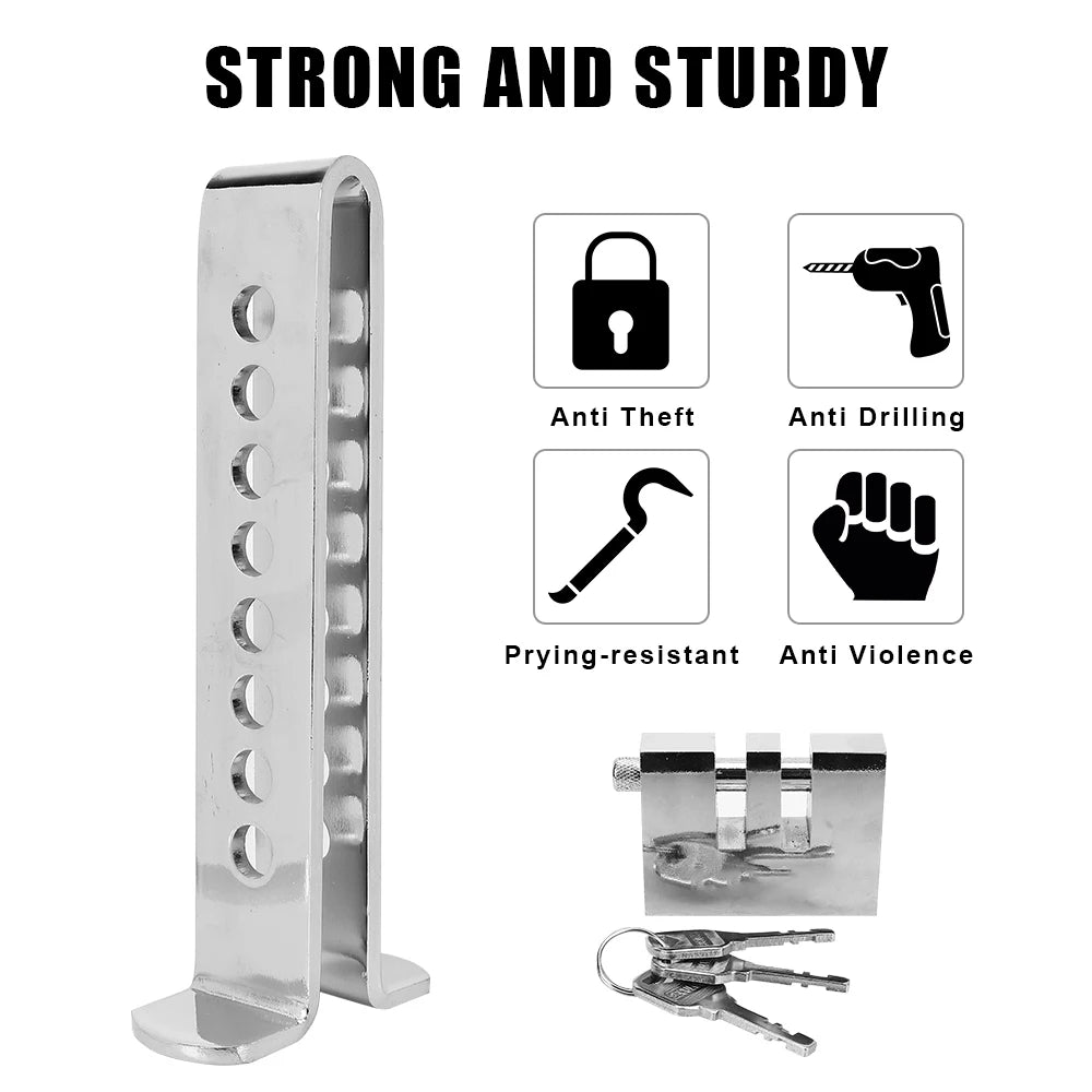 A silver universal steel pedal lock for car anti-theft protection showing various security features.