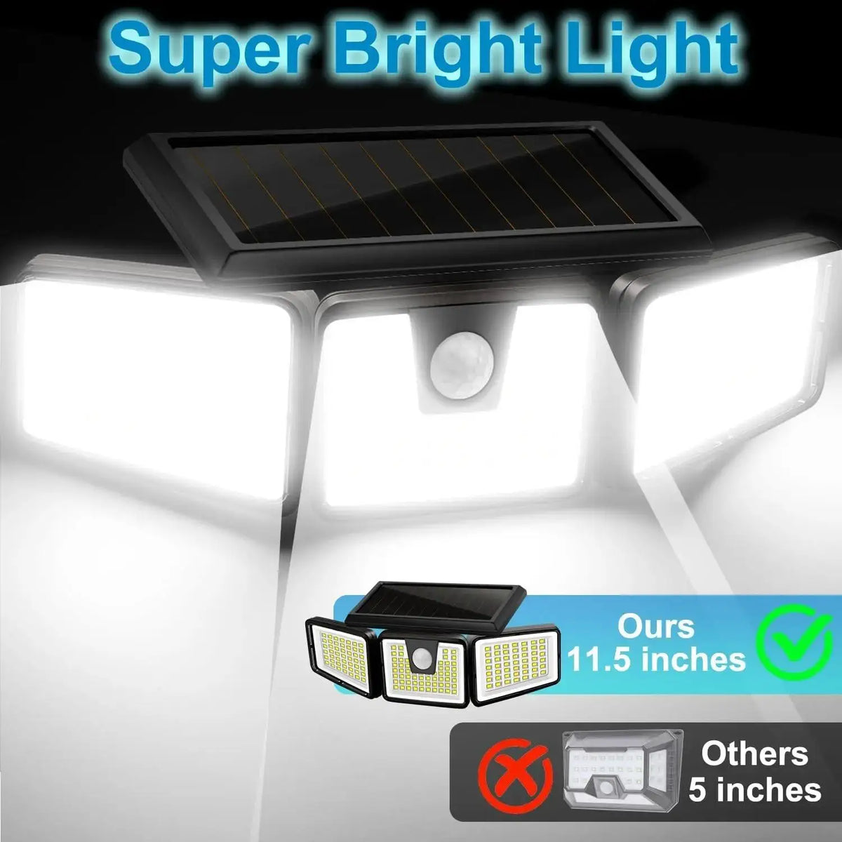 A super bright light featuring a solar panel and multiple LED lights, shown in a close-up view.