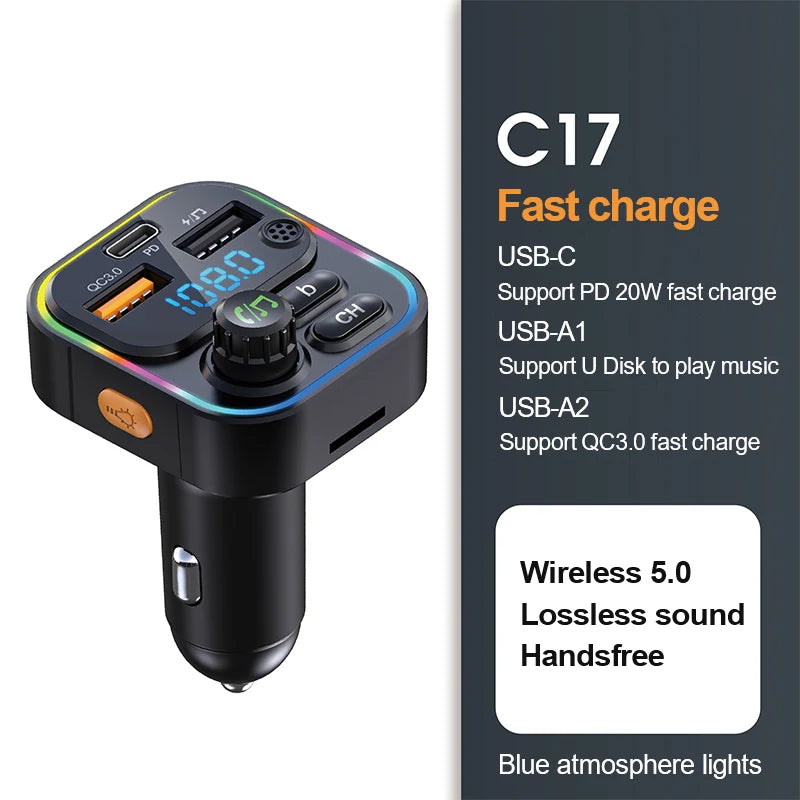 Bluetooth FM Transmitter with 22.5W Fast Charging Car Adapter
