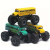 A yellow die-cast metal school bus pull-back toy with green and black accessories.