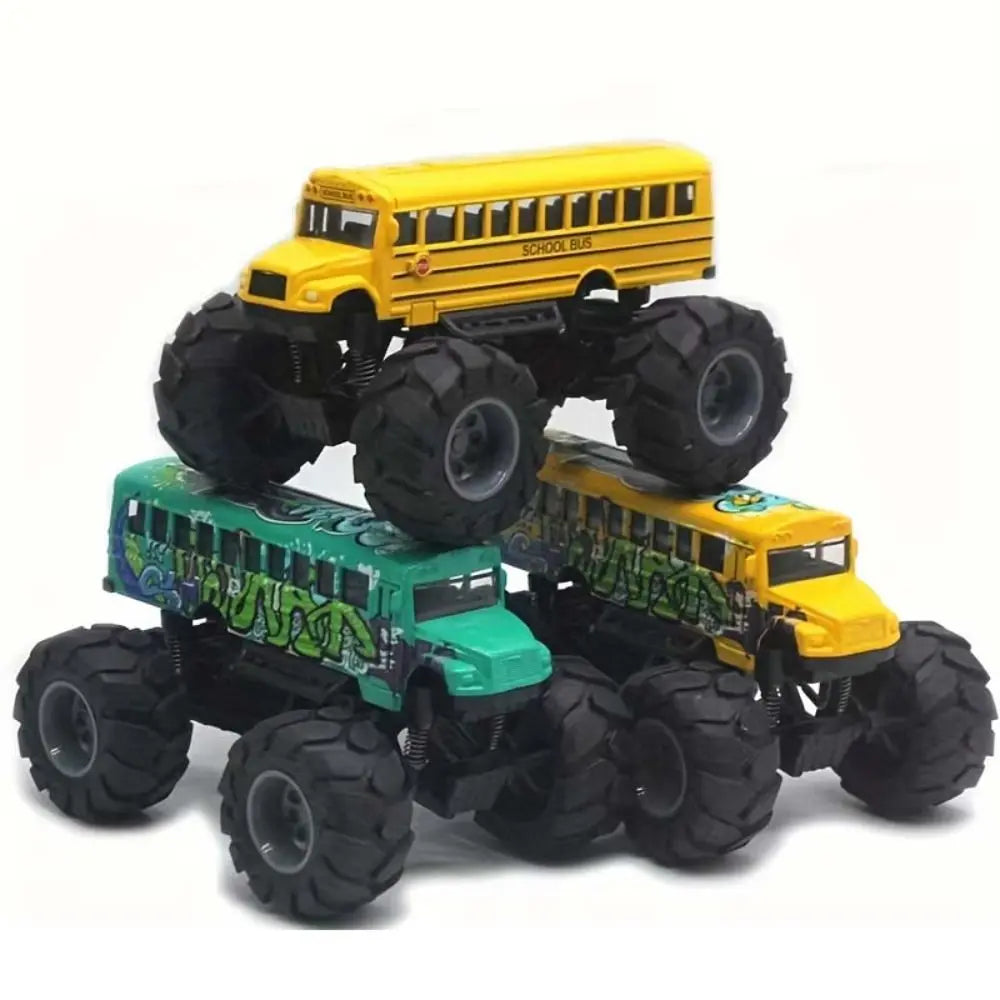 A yellow die-cast metal school bus pull-back toy with green and black accessories.