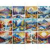 A grid of twelve diamond painting panels featuring various scenic mountain landscapes and sunsets.