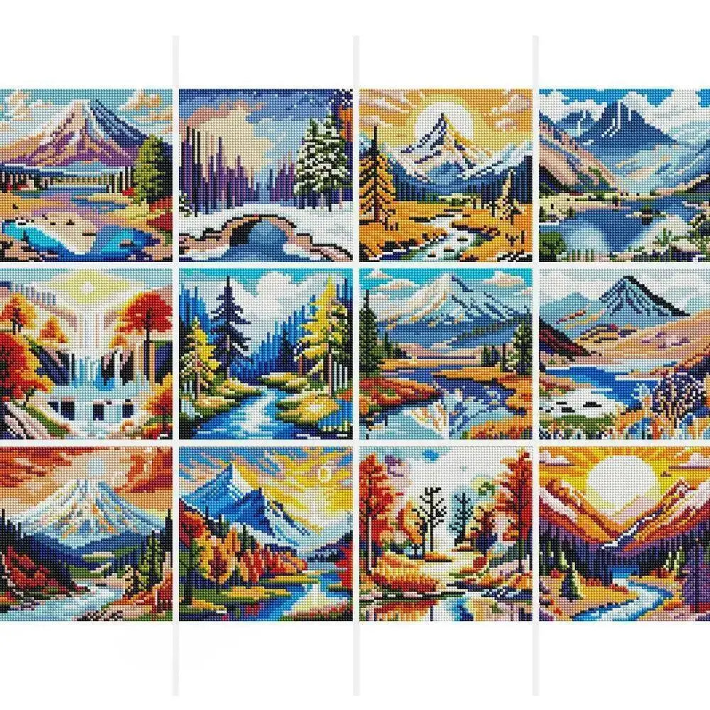 A grid of twelve diamond painting panels featuring various scenic mountain landscapes and sunsets.