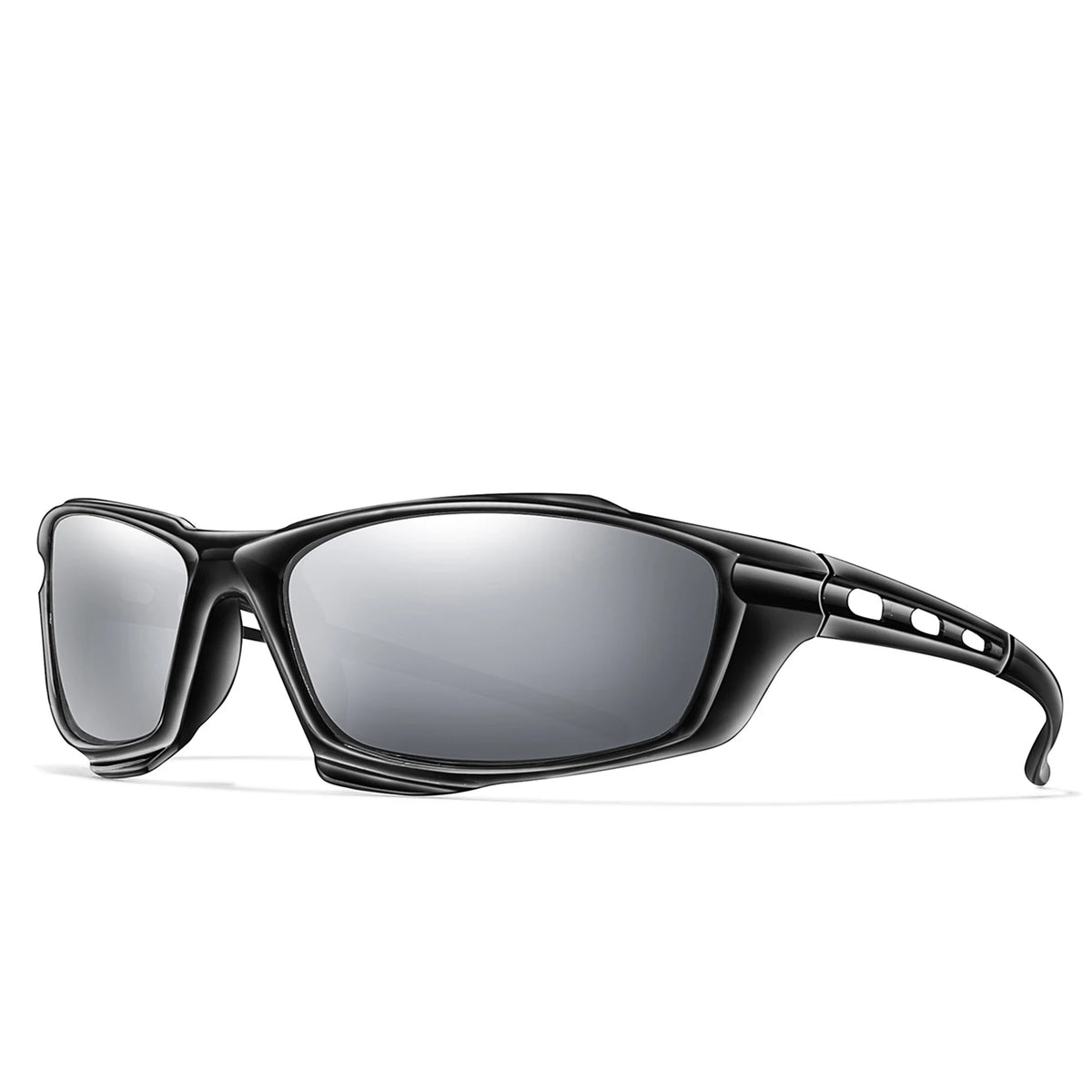 A pair of black polarized sports sunglasses viewed from the side.