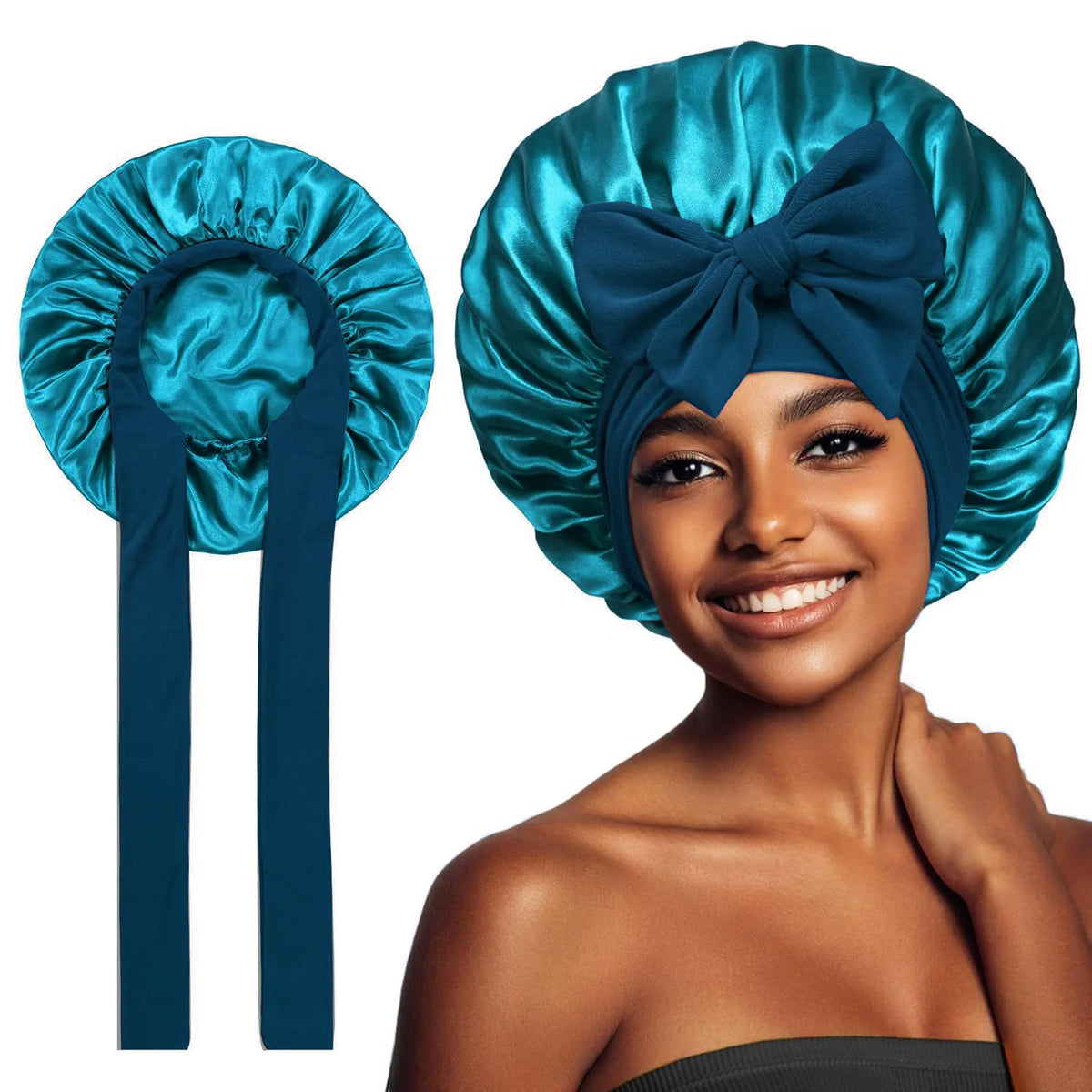 A woman models a blue satin silk sleep bonnet tied in a bow, showing the fabric and style.