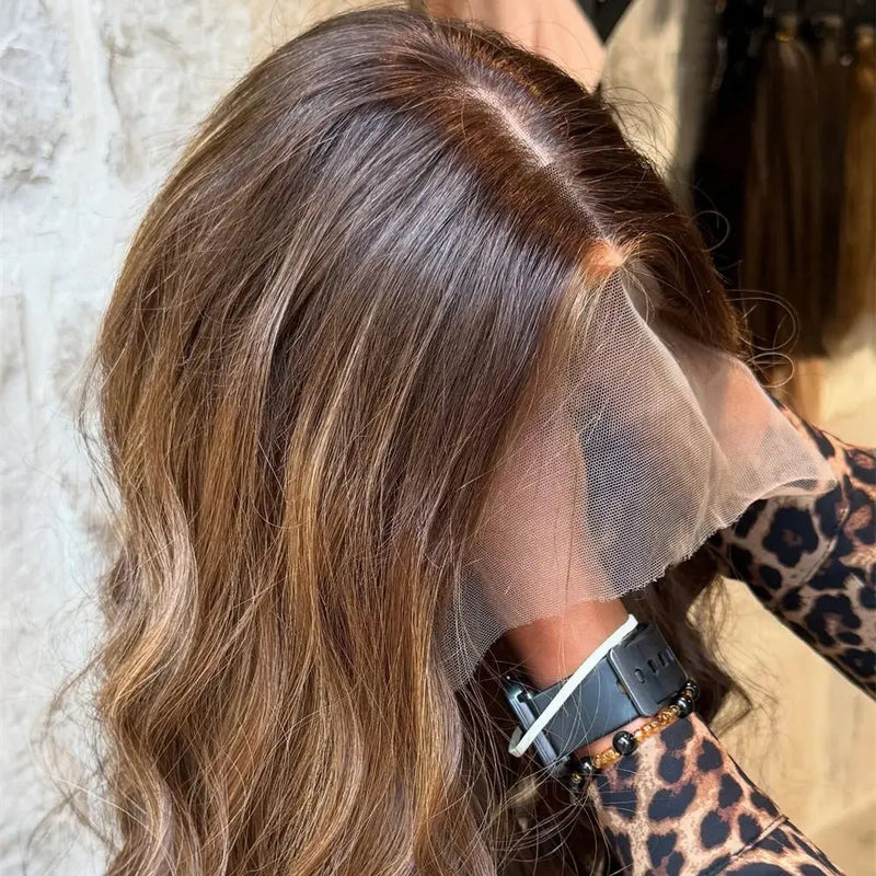 Glueless Body Wave Lace Front Wig with Brown Highlights