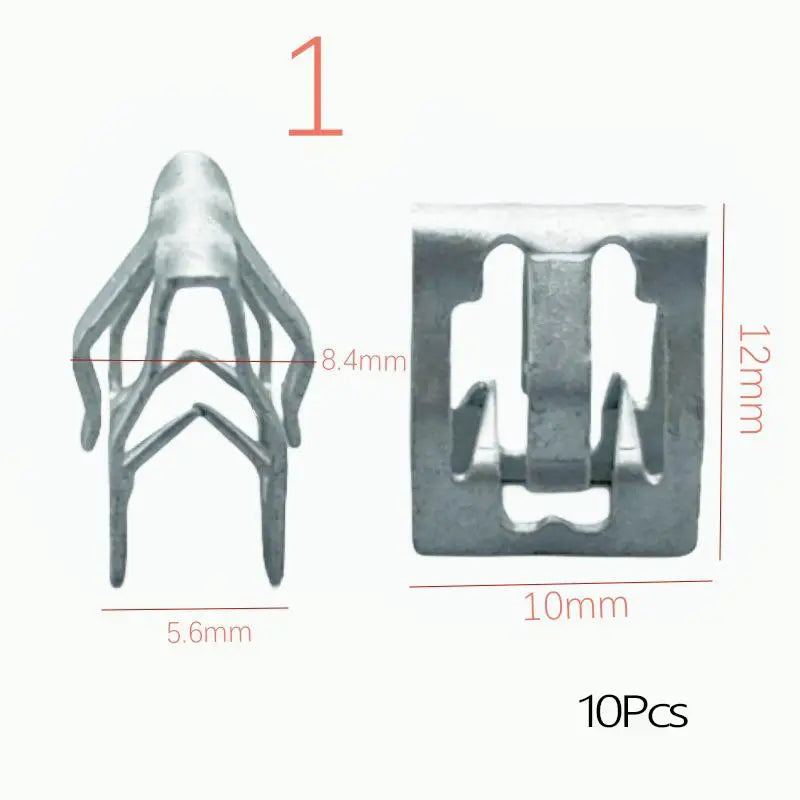 A diagram showing a metal trim panel fastener clip and its dimensions, packaged as 10 pieces.
