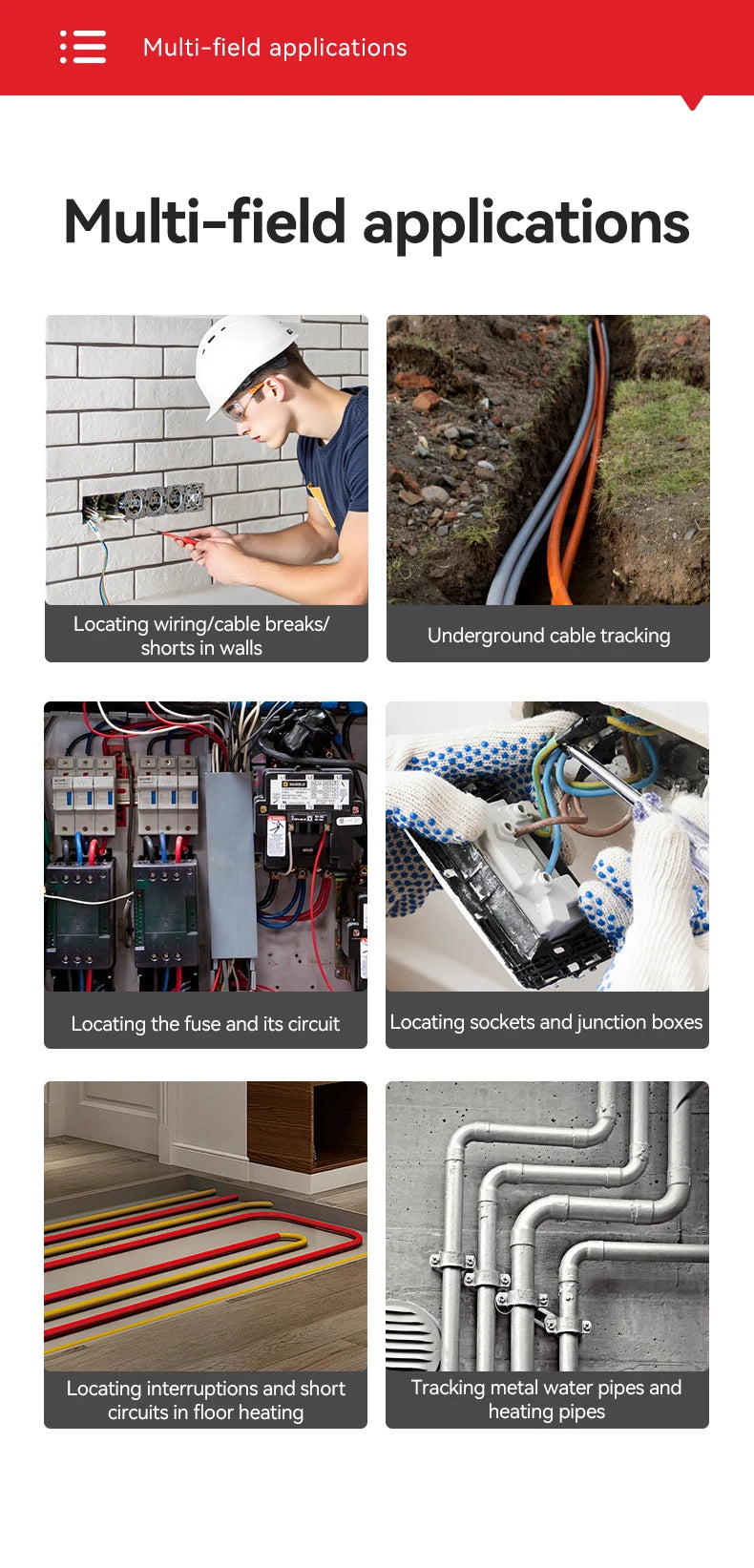 Various images showing methods for locating wiring, cable breaks, fuses, sockets, and various pipes.