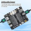 A compact USB cable tester board with various connectors and a cable being tested.