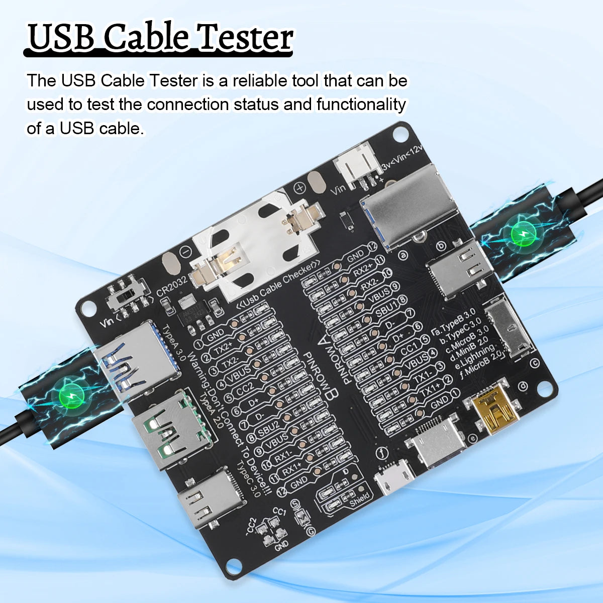 A compact USB cable tester board with various connectors and a cable being tested.
