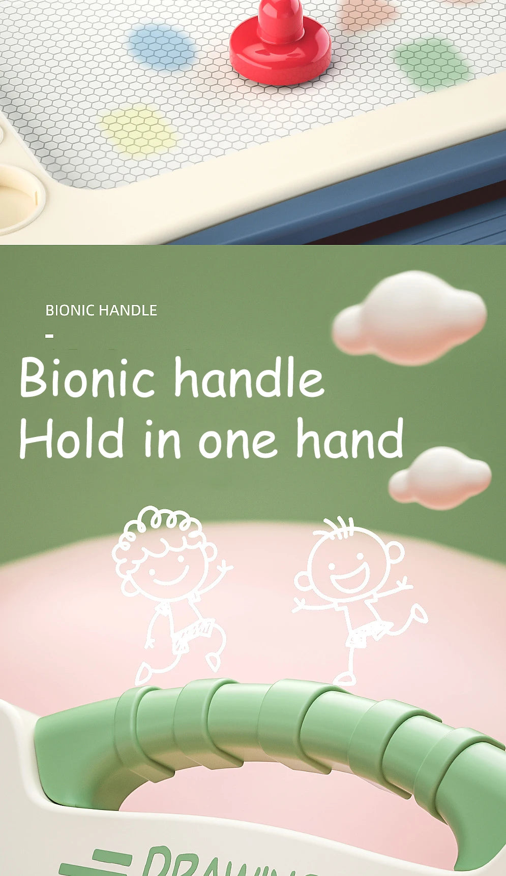 A close-up of a green magnetic drawing board with a plastic handle and white clouds, showing how to hold the tonic in one han