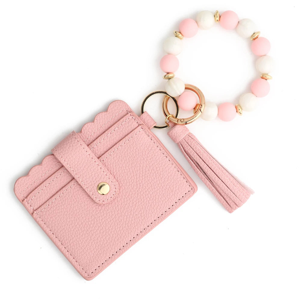 Silicone Bead Bracelet with Leather Card Holder and Tassel