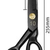A pair of black professional heavy-duty fabric shears with a gold-colored marking and measurement scale.
