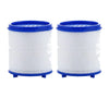 Two white foam water filters with blue caps and splash guards for a kitchen faucet.