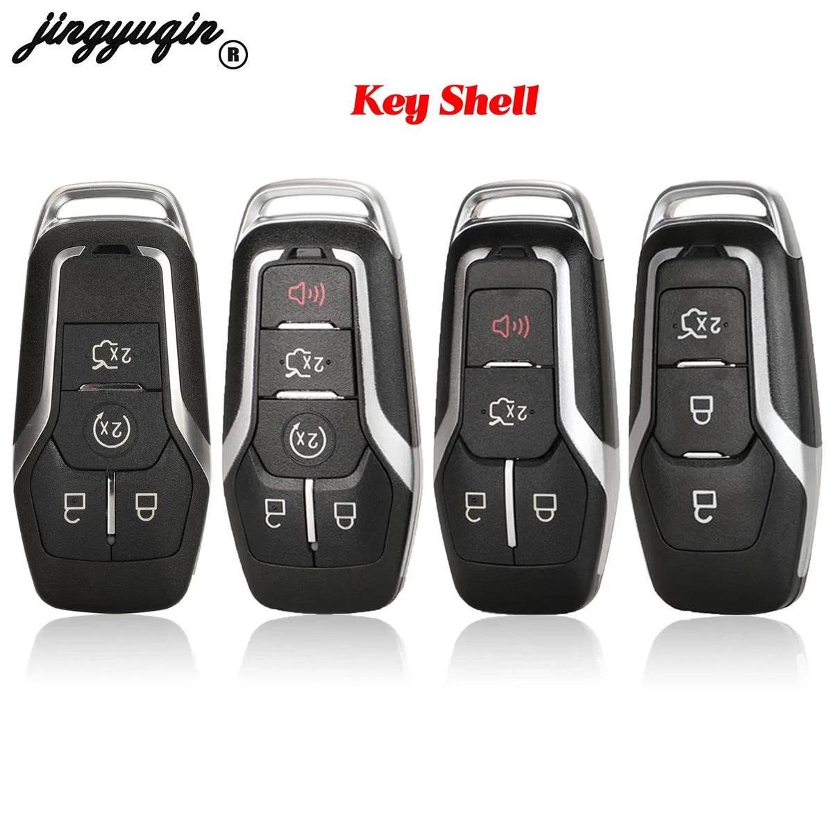 A set of black Ford Smart Key replacement shells with various buttons and a key blade.