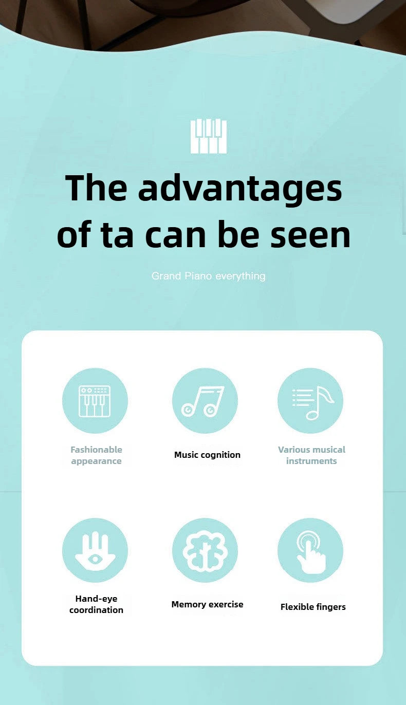 An infographic showing the advantages of ta, including fashionable appearance, music cognition, various musical instruments, 