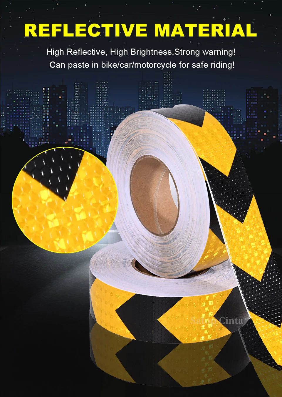 Rolls of yellow and black reflective material tape used for vehicle safety