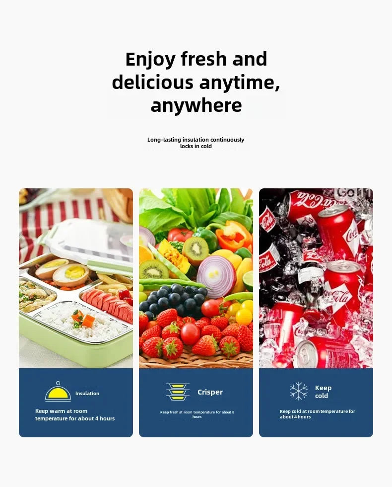 An insulated lunch bag is shown with various foods and ingredients, emphasizing its ability to keep items fresh.